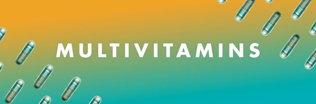 Multivitamins in a pattern on a green and yellow background
