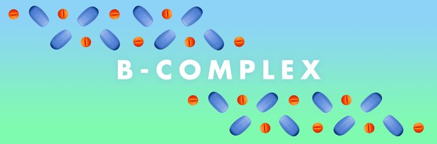 B-complex vitamins in a pattern on a blue and green background
