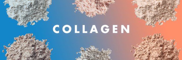 Collagen powders in a pattern on a blue and orange background