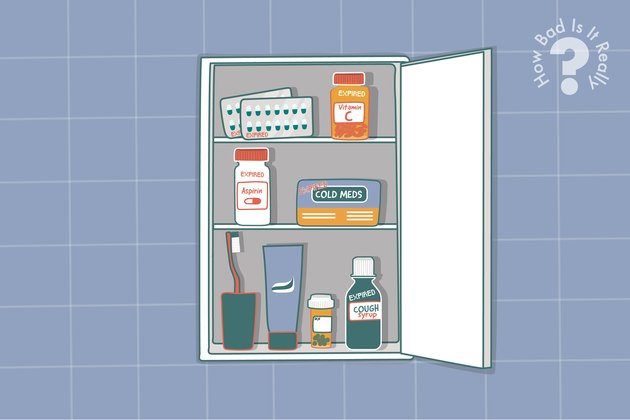 illustration of experience over-the-counter medications in medicine cabinet on blue tile bathroom wall