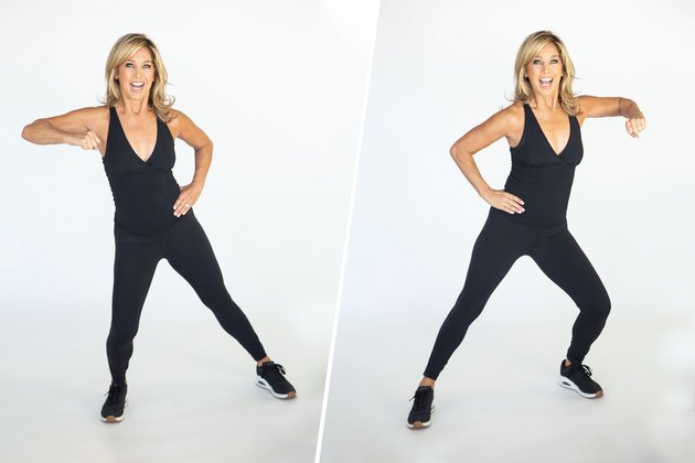 Denise Austin performing elbow strikes.