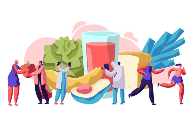 减肥计划元素的插图，包括健康食品，团体支持，锻炼和专家辅导员