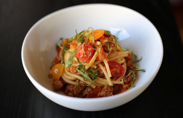 Bowl of pasta with turkey bolognese sauce.