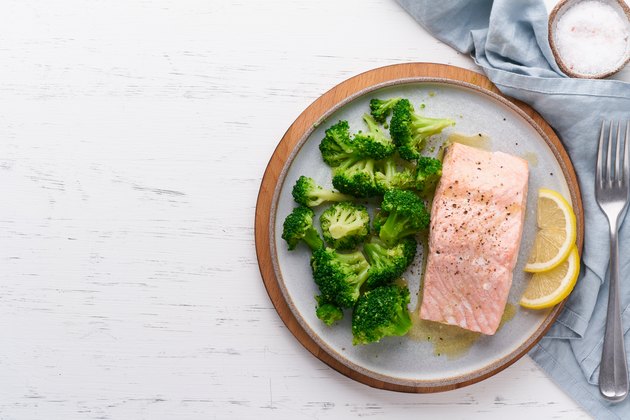 Steam salmon, broccoli, paleo, keto, lshf or dash diet. Mediterranean food. Clean eating, balanced