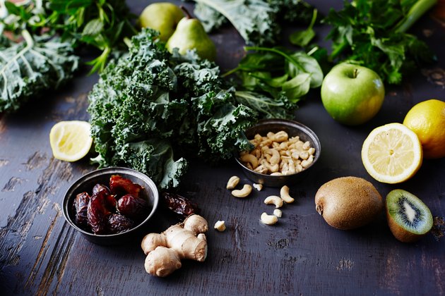 Ingredients for kale and kiwi fruit green smoothie, close-up