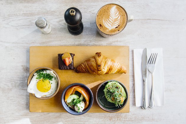 High angle view flat lay view of breakfast in a cafe