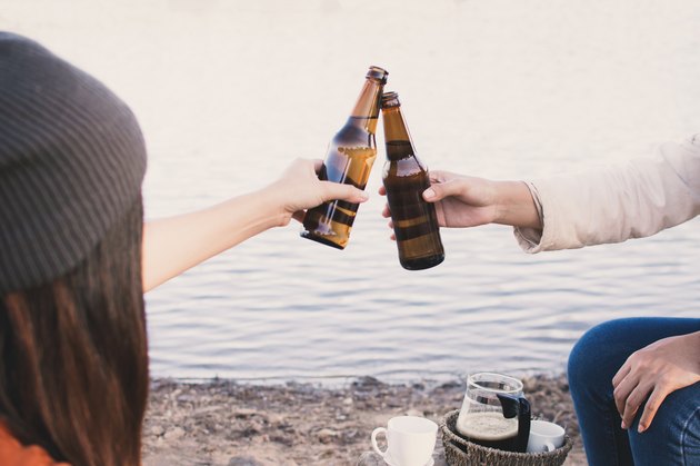 Friends Toasting Beer Bottles At Lakeshore
