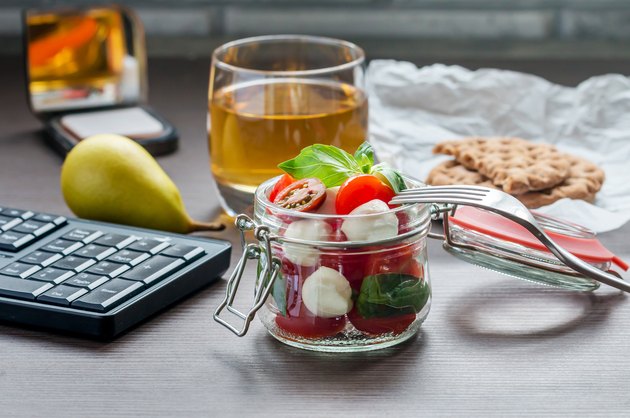 Healthy snacks pear caprese salad tea at work