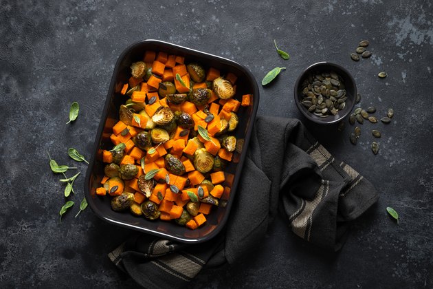 Brussels sprouts baked with butternut squash, top view