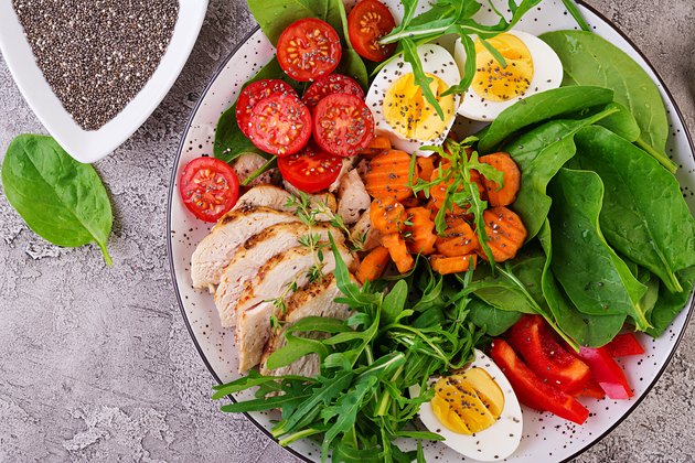 Plate with a keto diet food. Cherry tomatoes, chicken breast, eggs, carrot, salad with arugula and spinach. Keto lunch. Top view