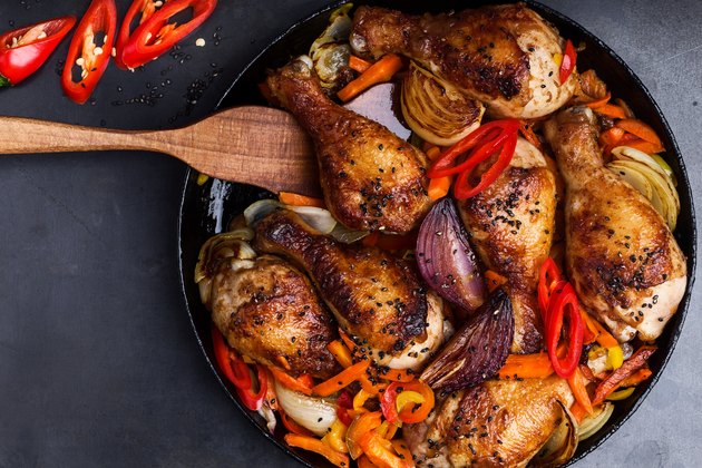 Roasted chile miso chicken drumsticks with bell pepper