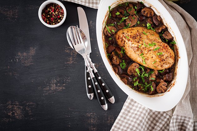 Baked chicken breast with mushrooms in balsamic sauce on the table. Top view