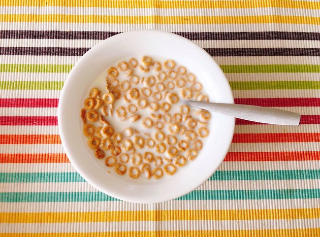High angle view of a bowl of cereal with milk