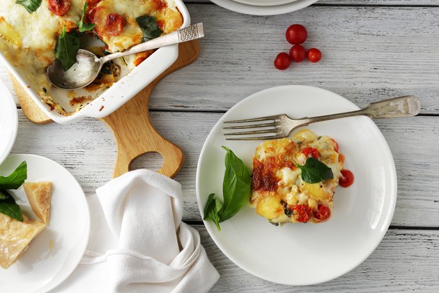 lasagna on plate, white boards