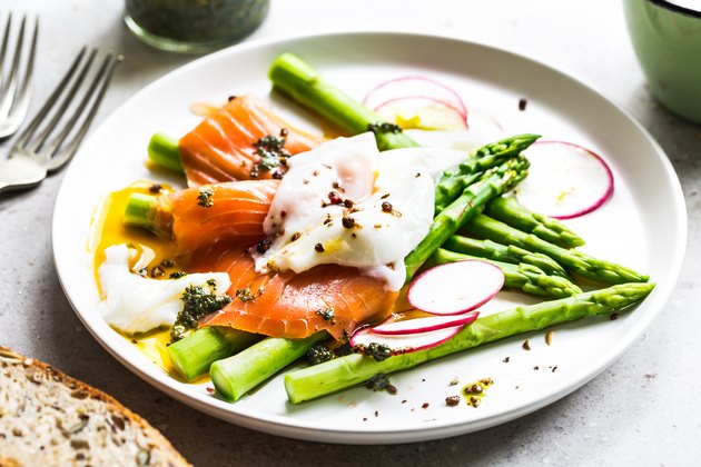 Smoked salmon with poached egg and asparagus delivering protein to prevent hair loss