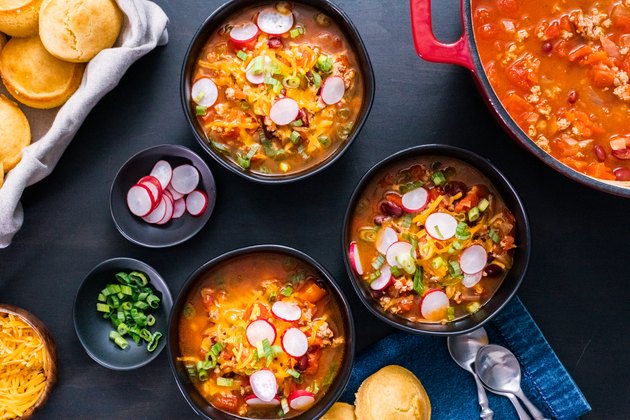 Turkey chili garnished with fresh radishes winter recipes