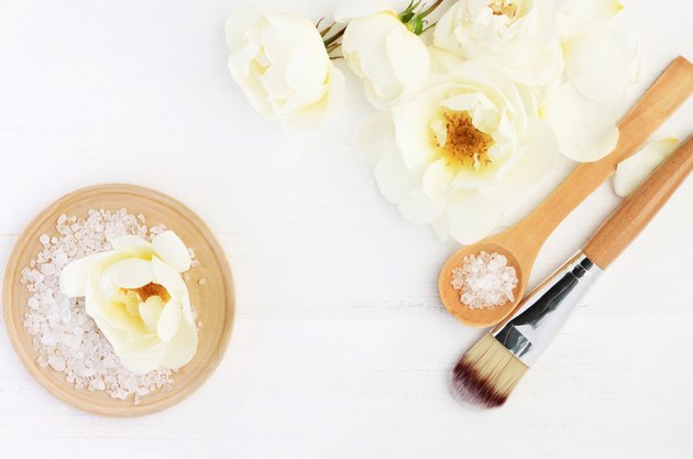 Wild rose herbal skincare with sea salt. Flowering tender rosebuds