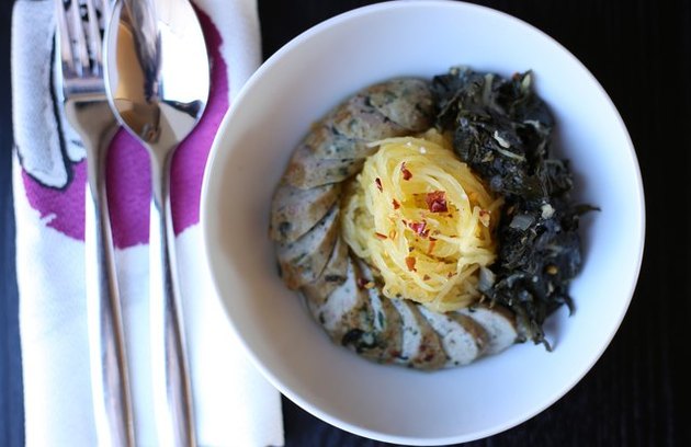 Instant Pot Spaghetti Squash with Spicy Chicken Sausage and Mustard Greens