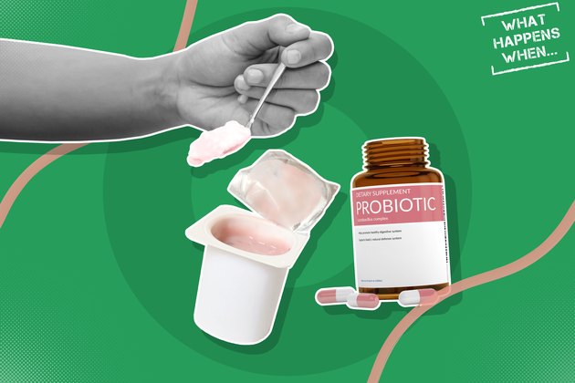 Custom graphic showing hand spooning out yogurt and probiotic pills on the side