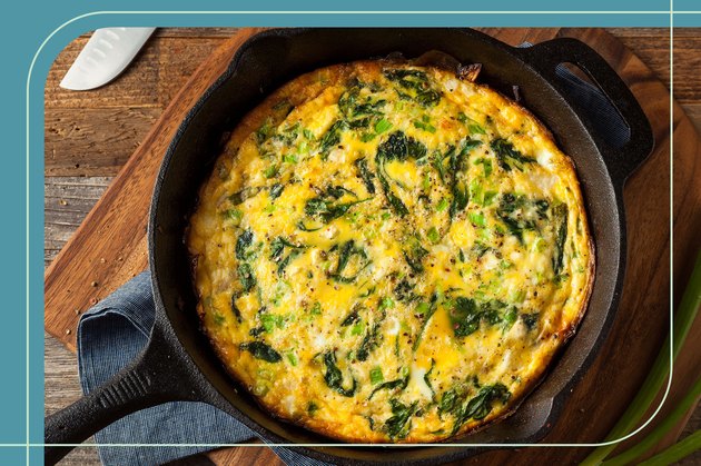 Healthy breakfast frittata with leafy greens in a cast iron skillet on a countertop