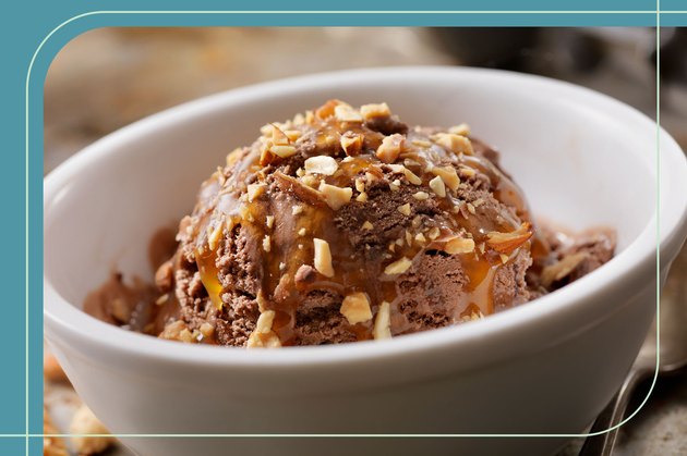 A healthier ice cream sundae with chocolate ice cream and chopped pecans