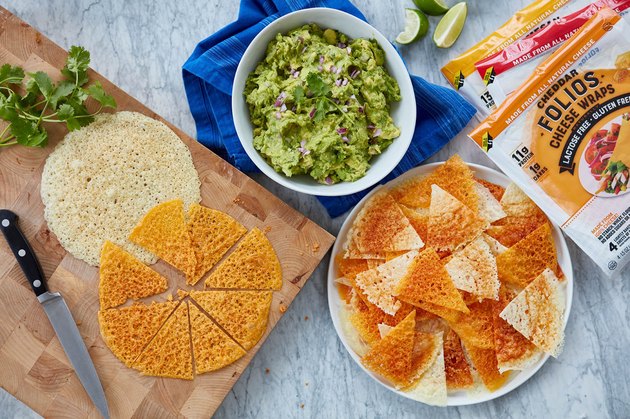 Folios Cheese Wraps on table as crispy crackers with guacamole