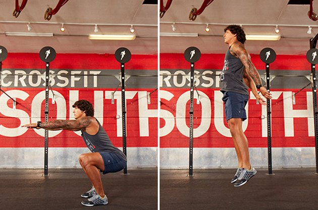 Man performing CrossFit jump squats.
