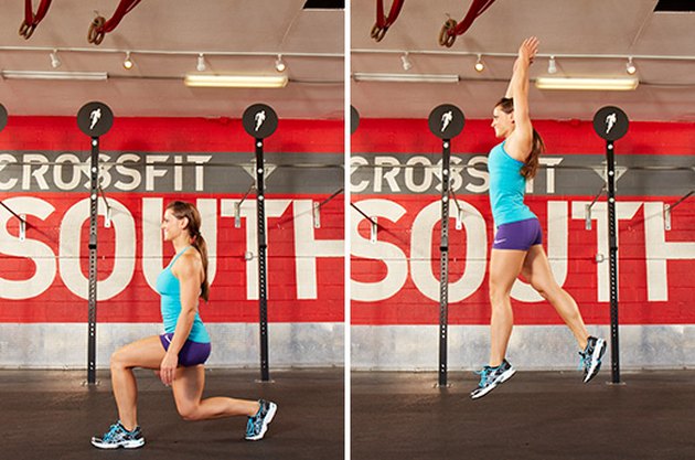 Woman performing lunge jumps.