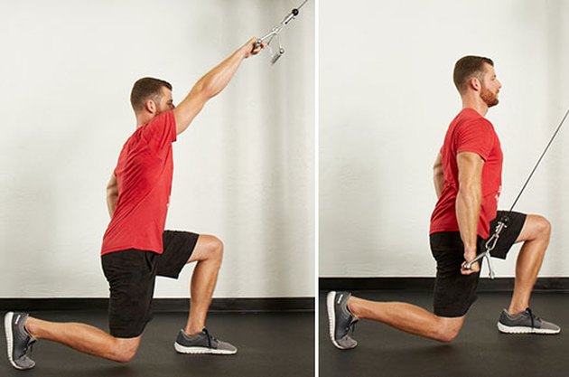Man performing half-kneeling single-arm cable pulldown on the cable machine