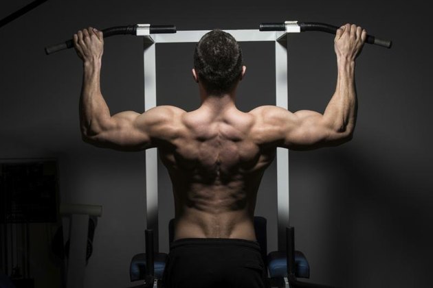 young male body builder doing heavy weight exercise for back