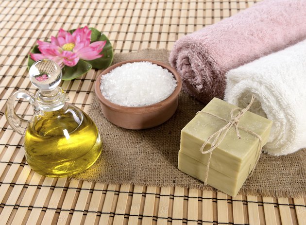 Handmade olive soap, sea salt and towel.