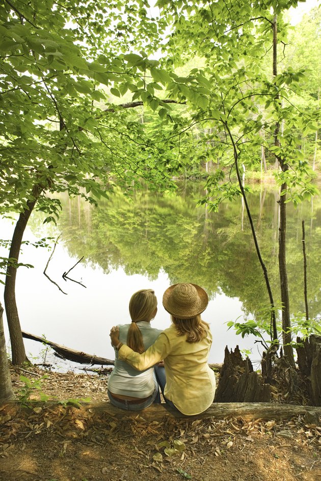 Mother and daughter by lake