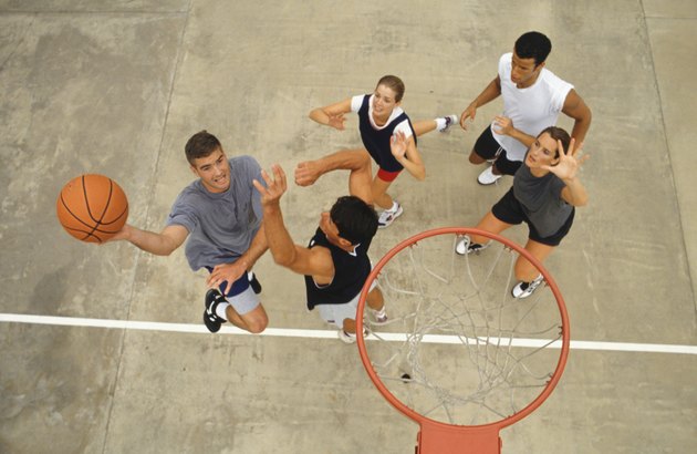 Group of young people playing basketball, elevated view
