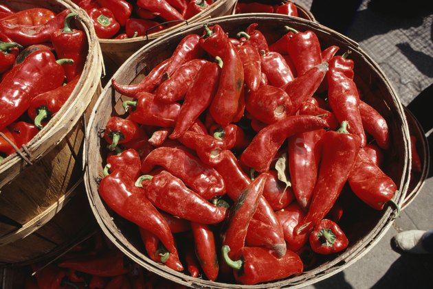Red chilli peppers in buckets, Chile
