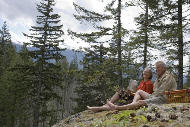 Senior couple having picnic in mountains, smiling