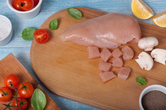 Chicken fillet with cherry tomatoes, mushrooms and basil leaves