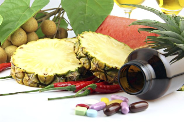 Fruits and medicines placed near the cosmetics.