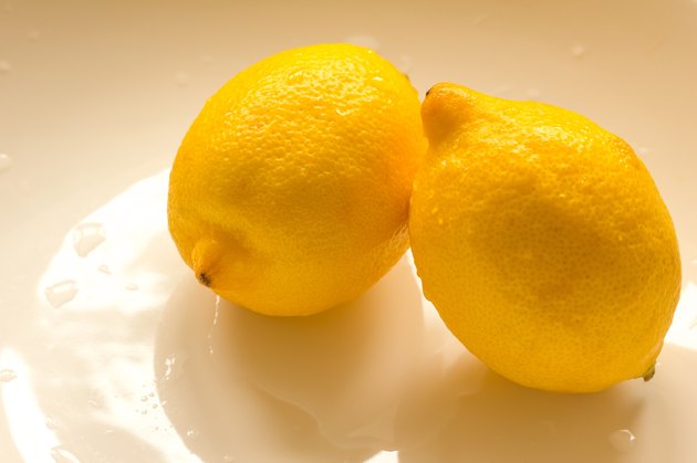 Two lemons in a white bowl background with copy space