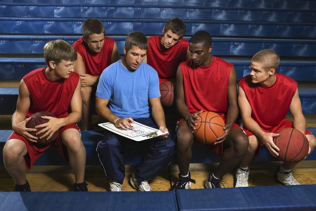 Basketball team and coach on bleachers