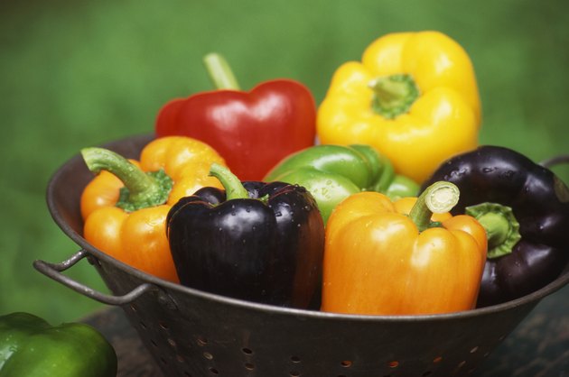 Still life of bell peppers in colander