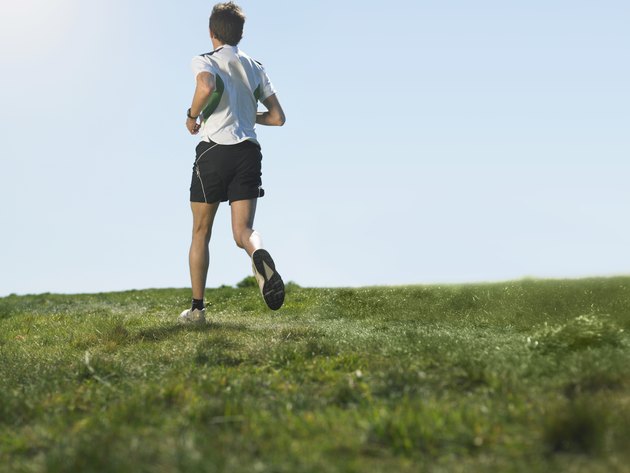 Mid adult man jogging on grass, rear view