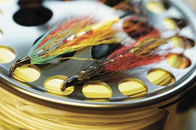 Close-up of fishing lures on a fishing reel