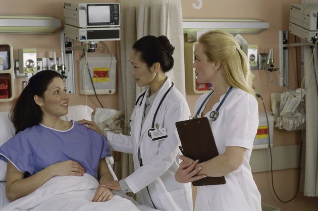 Female doctor and a female nurse with a female patient