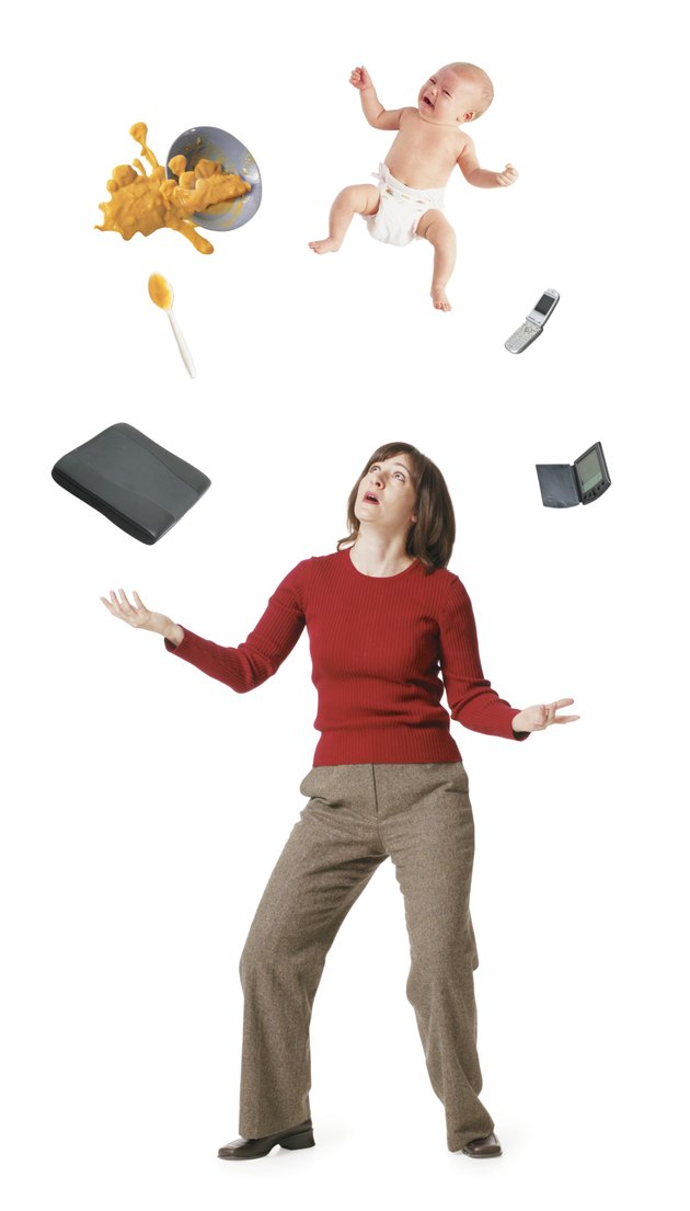 conceptual photo of a caucasian woman as she tries to juggle her professioal life with her home life