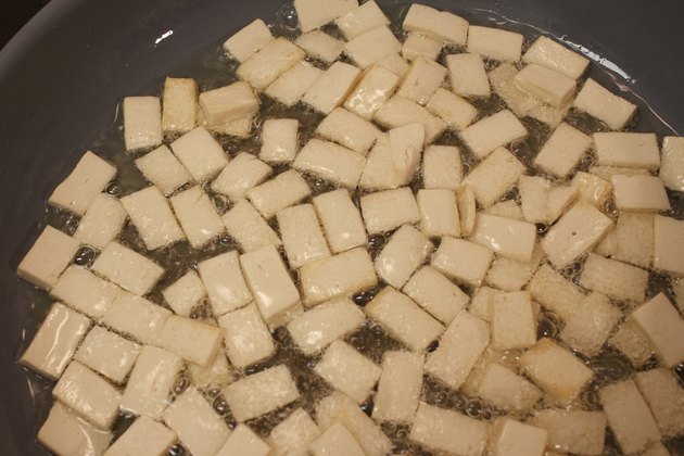 Top View of Firm Tofu Frying in Oil