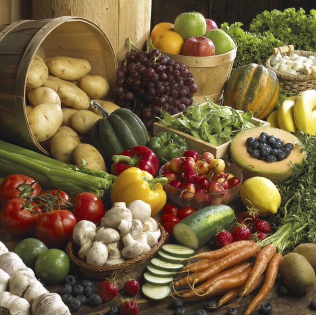High angle view of assorted fruits and vegetables