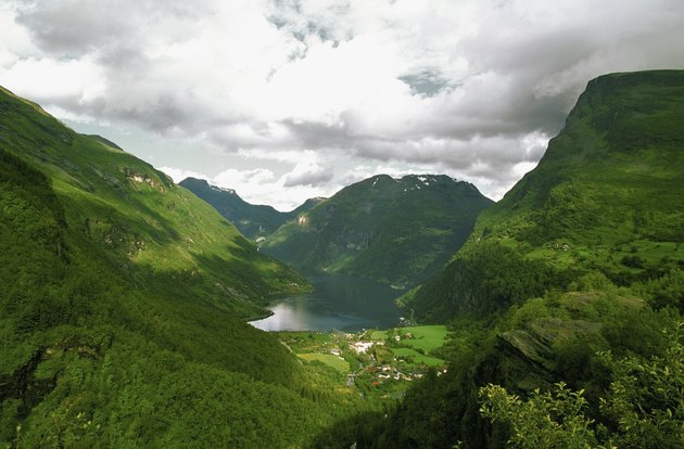 Aerial view of a river passing through a mountain range, Fjord, Geiranger, Norway