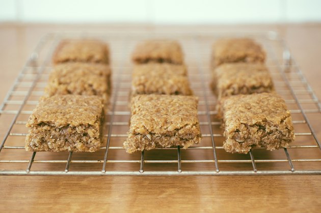 Traditional homemade pieces of Flapjack on a cooling rack.