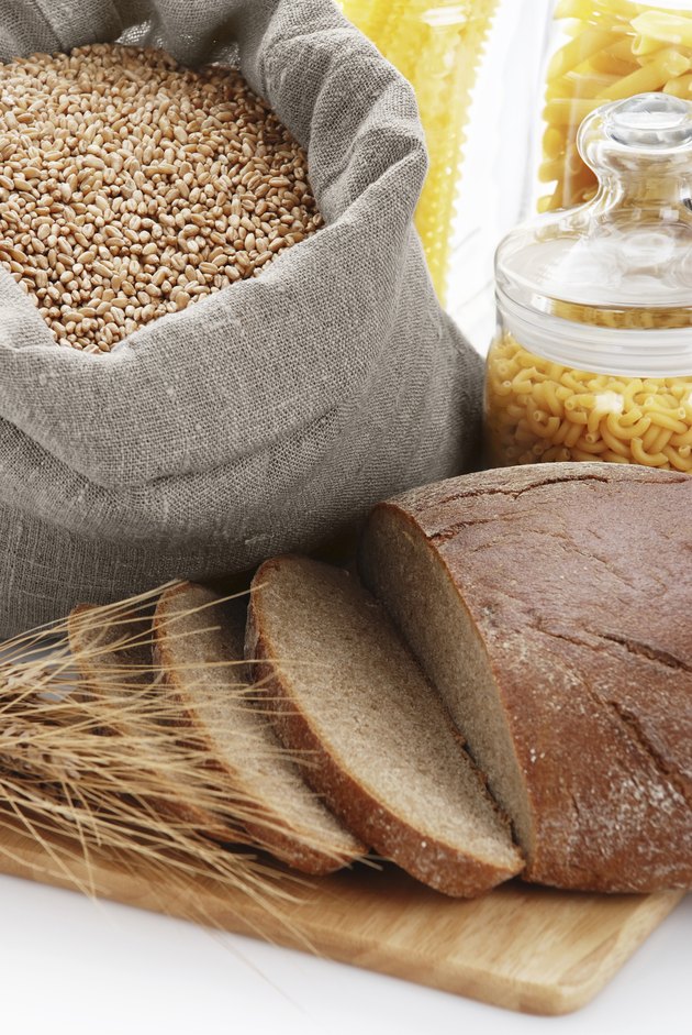 "Bread, bag with wheat and macaroni in the container"