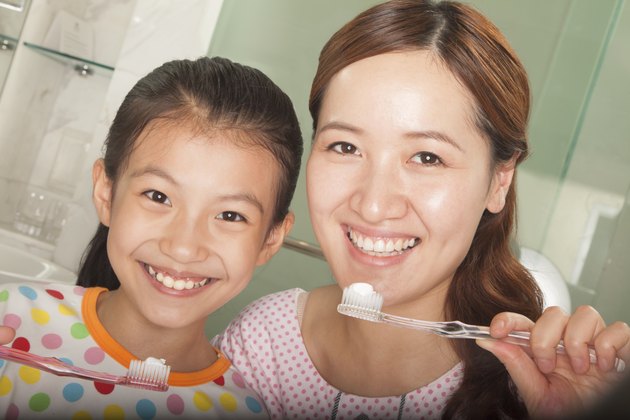 Mother and Daughter Brushing Teeth Together